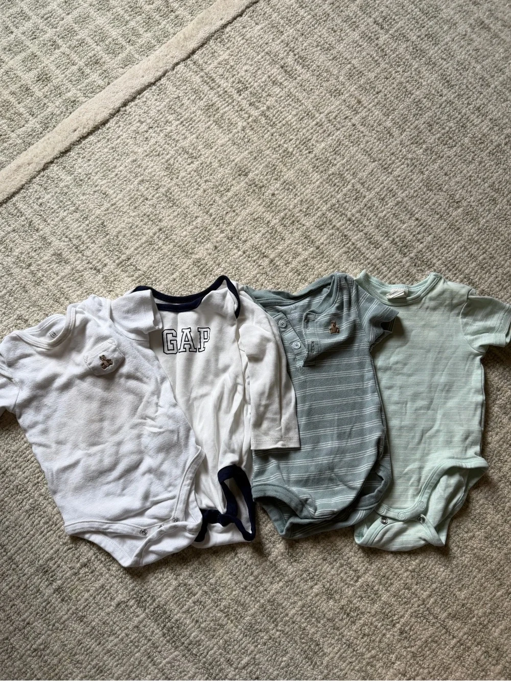 GAP, H&M & Old Navy Baby One-Piece Bodysuits in White, Navy, and Sage Green